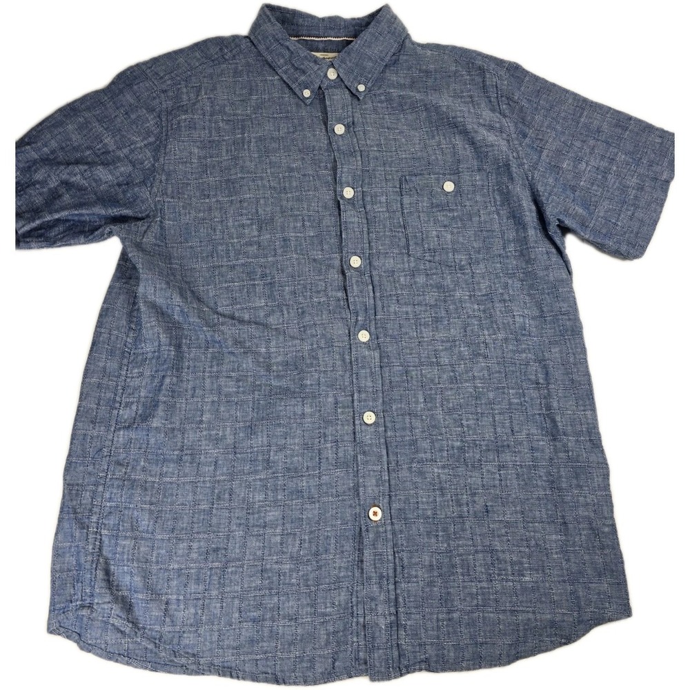 Weatherproof Shirt Mens L Large Blue‎ Button Up Short Sleeve Linen Cotton Beach
